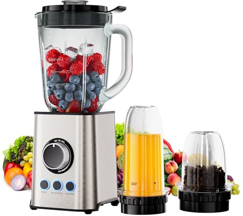 Biolomix 3 in 1 Food Blender, 1300W 2 Preset Programs | with 1.5L Blender Cup with 600ml and 800ml Grinding Cups for Smoothies, Juices, Baby Food(TB003)