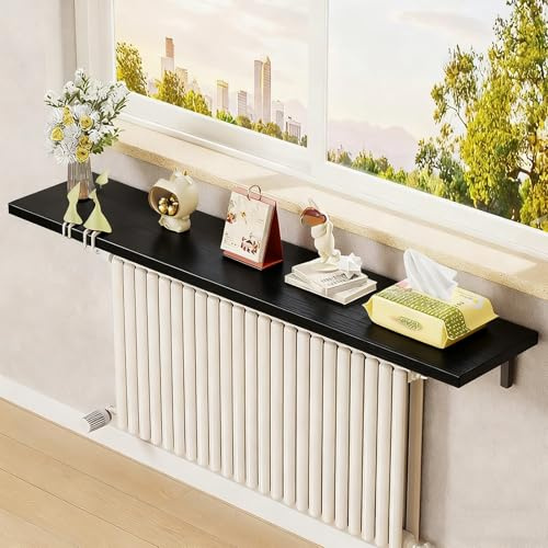 JCSRYD Rectangular Wooden Radiator Top Shelf, Wall Mounted Display Shelf, Over Radiator Storage Cover, Triangular Support, for Living Room/Kitchen(Black,60 * 20cm/24 * 8in)