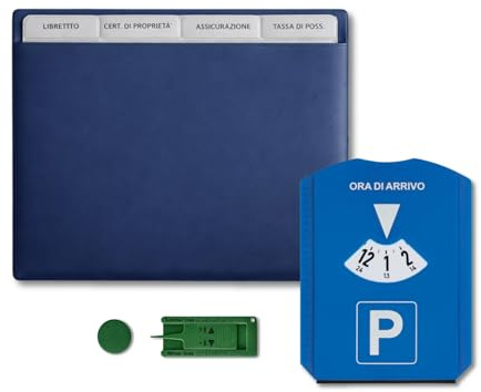 easymoves Kit Portadocumenti Auto e Moto con Scomparti + Disco Orario Multifunzione – Organizer Documenti con Raschietto Ghiaccio, Gettone Carrello e Misuratore Battistrada | Accessori Auto (Blu)