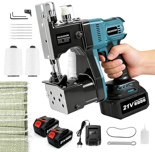 Máquina de Coser Bolsas Eléctrica, Máquina de Coser Portátil con 2 Baterías, Cosedora de Sacos Eléctrica para Bolsas de Tela, Yute y Papel Kraft, Longitud de Puntada: 7-11mm