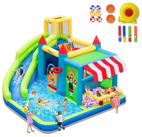 FBSPORT hüpfburg Outdoor mit gebläse hüpfburgen Kinder aufblasbare hüpfburg draußen XXL Outdoor für Erwachsene groß hüpfburg mit rutsche geeignet für Kinder 424 ×388 ×238 cm