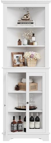 Garvee Vielseitige Eckvitrine im Landhausstil – Freistehender 5-stöckiger Schrank, 165 cm hoch, mit 3 verstellbaren Einlegeböden – Für Wohnzimmer, Küche, Esszimmer oder Bad – Weiß – Farbe: White