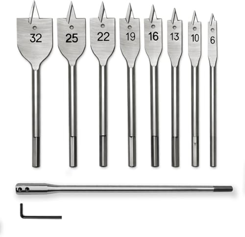 Soul-Cats 10-tlg. Flachfräsbohrer Set für Holz (6–32mm) inkl. 300mm Verlängerung | Holzbohrer Set mit Sechskant-Schaft (1/4) | Flachbohrer für Akkuschrauber & Bohrmaschine
