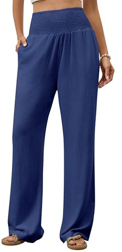 Homlan Pantaloni da Donna a Gamba Larga, Eleganti Palazzo, Casual, Casual, a Vita Alta, in Tessuto Lungo, Leggeri, con Tasche, Blu Scuro, L