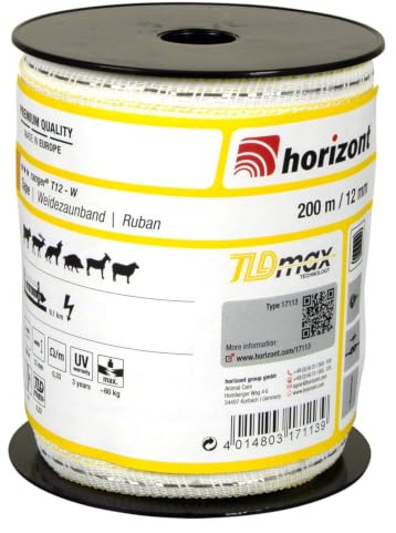 horizont Weidezaunband ranger T12-W, 200 m, 12 mm breit | Breitband Litze, Weidezaun Strom, Elektrozaun, für mittlere Zäune, 60 kg Bruchlast