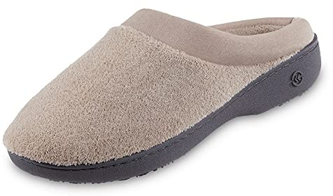 isotoner Women's Indoor/Outdoor Slip-on Terry and Satin Clog Slippers with Memory Foam Comfort , Stone, 8.5-9