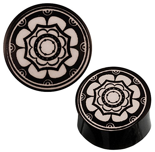 CHICNET Plug Schwarz Horn glänzend Blume im Kreis Organic Tribal 20 mm