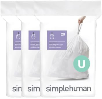 simplehuman CW0265 code U Custom Fit Bin Liner Bulk Pack, White Plastic (3 Pack of 20, Total 60 Liners)