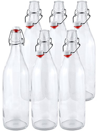 Estilo Swing Top Clear Glass Bottles,16oz Set of 6 Easy Cap Clear Bottles with Stoppers, Flip Top Glass Bottles to Store Home Brews, Oils, Vinaigrettes, Wines, Beer, Teas, Limoncello