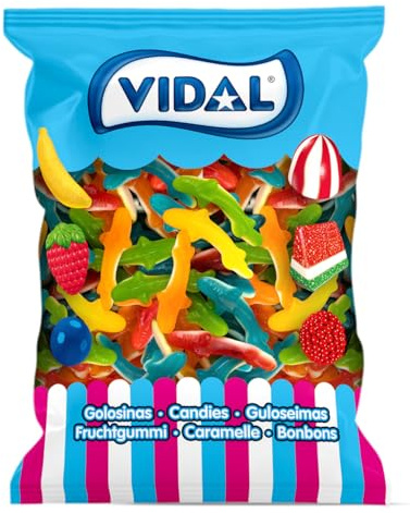 Vidal Golosinas. Tiburones Jelly. Golosinas en forma de tiburón con sabor fresa y textura gelatina. Colores surtidos: azul, verde, rojo, naranja y amarillo. Sin gluten ni grasa. Bolsa 1 kg