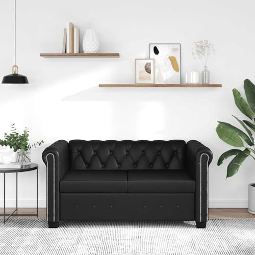 Festnight Chesterfield 2-Sitzer-Sofa Kunstledersofa Couch Loungesofa Kunstlederbezug Holzrahmen Sitzkomfort für Wohnzimmer Büro - Schwarz