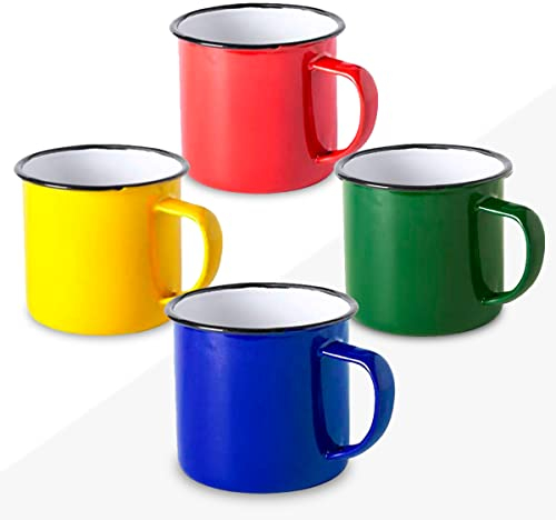 FUN FAN LINE - Set di 4 Tazze in Metallo Smaltato Retrò Multicolore | Tazza da Colazione Vintage e Resistenti da 380ml | Tazze Originali per Caffè, Tè e Cioccolata Calda | Tazza come Cofanetto Regalo