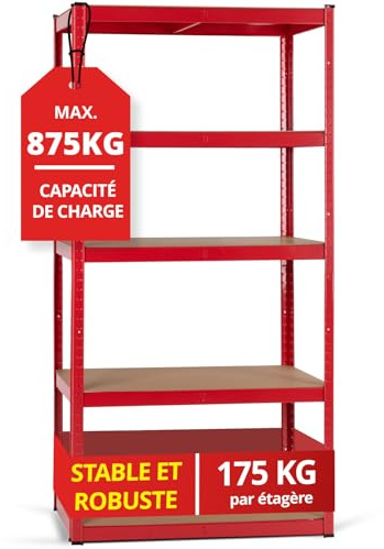 Stagecaptain HR-175 RD Heavyrack Lagerregal - 5 variabel montierbare Böden - Lackierte Metallkonstruktion - auch als Werkbank umbaubar - Tragkraft pro Boden: 175 kg - Tragkraft gesamt 875 kg - Rot