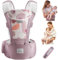 Bebamour Baby Carrier Newborn to Toddler Baby Carrier Hipseat 0-36Months with Head Hood, 3 PCS Teething Pads, Waist Extender, Pink