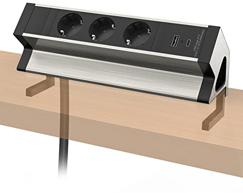 Tischsteckdose mit USB C, 3 Fach Steckdosenleiste Schreibtisch, Steckdosenleiste mit USB Mehrfachsteckdose 1,8M Kabel, Aluminiumlegierung Schreibtisch Steckdose Klemmbar für Büro, Werkstatt