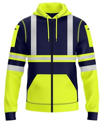 NOROZE Herren Hi Vis Hoodie mit reflektierendem Band, robuster Full-Zip Hoodie für Sicherheits-Arbeitskleidung, Kapuze mit Kordelzug, Reißverschlusstaschen, bequemes Fleece, S-XXL, maschinenwaschbar