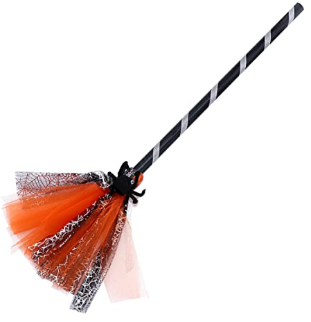 Wizard Broom Halloween Witch Broomstick Kids Cosplay Prop Lightweight Orange Plastic Gauze Party Decoration 28 Inch
