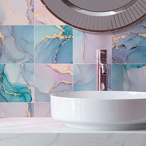 Fliesenaufkleber Rosa Blauer Marmor Klebefliesen Wasserdicht Ölfest Fliesenfolie Küchenrückwand Selbstklebend Fliesenaufkleber Bad Klebefolie Home Decor 12 Stück/20x20cm