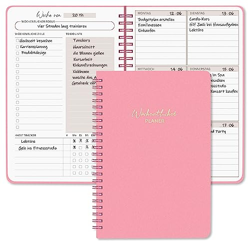 BIROYAL Undatierter Wochenplaner | Terminplaner A5 | wöchentlicher Terminkalender mit To-Do-Liste, großem Notizfeld | 52 Blatt Terminplaner auf Deutsch Ringbuch mit Hardcover | Planer Rosa
