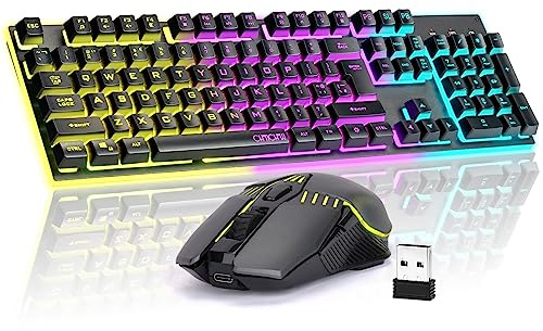Tastiera e mouse wireless da gioco, ricaricabile con retroilluminazione a LED arcobaleno, sensazione meccanica anti-ghosting con pulsante laterale per computer, PC, laptop, compatibile con Windows,