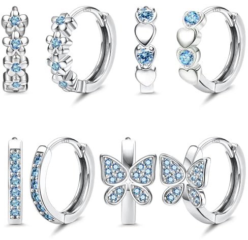 JeweBella 4Paar Ohrringe Silber 925 Mädchen Kinder Kleine Creolen Set | Hypoallergen Ohrringe,Schmetterling Herz Blumen Creolen Ohrringe,Rosa/Lila/Blau/Bunt Zirkonia Ohrringe Kreolen Set,20G