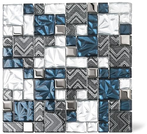 Elephantile Glasfliese für Küche, Badezimmer, Spritzschutz, Versailles-Muster, Mosaik, 5 Stück, Blau / Weiß