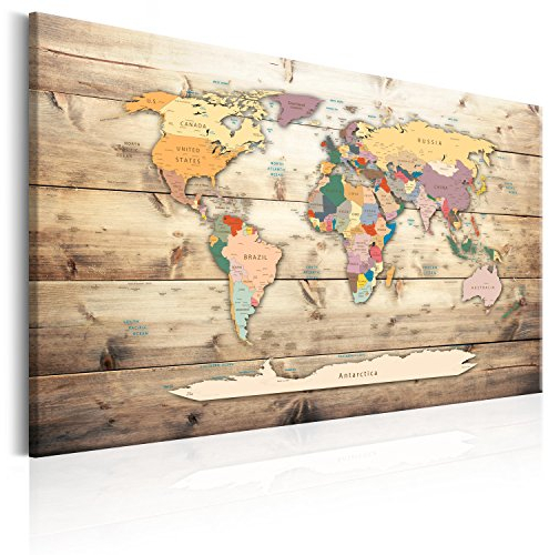 B&D XXL - Akustikbild Bilder Akustikschaum Hochleistungsschallabsorber Schallschutz Leinwand 1 tlg Wandbild Raumakustik Schalldämmung Poster Weltkarte Kontinente Welt Karte Holz