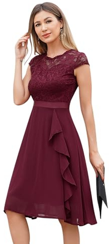 Odizli Cocktailkleid Damen Elegant Kurzarm Spitze Rüschen Chiffonkleid Hochzeitsgast Festlich Hochzeit Kurz Abendkleid Brautjungfernkleider Ballkleid Abschlusskleid Jugendweihe Kleider Weinrot M
