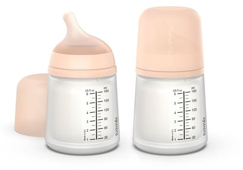 Suavinex, confezione da 2 biberon anticolica Zero Zero, tettarella flusso adattabile (A) in silicone, +0 mesi e neonati, per allattamento al seno, latte materno e latte artificiale, 180 ml, Fair
