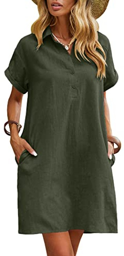 Zeagoo Vestido de Verano para Mujer de Lino Casual de Manga Corta Vestido de Playa a la Rodilla Vestido Camisero Informal con Bolsillos Verde Militar XL