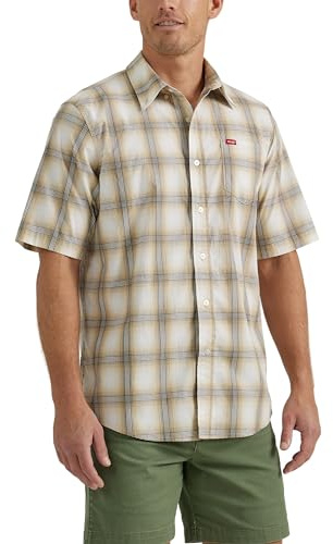Wrangler Authentics Men's Short Sleeve Classic Plaid Shirt, Pale Khaki Plaid, X-Large