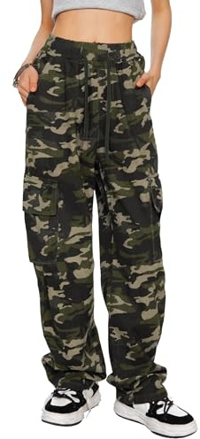 HVEPUO Pantaloni da Donna Casual con Coulisse in Vita Elastica Pantaloni Dritti in Cotone con Tasca, 02-Verde Camo2, M