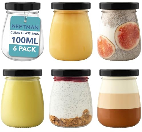 HEFTMAN Kleine Glasgläser mit Deckeln | 6er Set 100ml Leere Luftdichte Glas-Shot-Flaschen mit Deckeln Reisegröße Auslaufsicher Puddingtöpfe, Joghurttöpfe