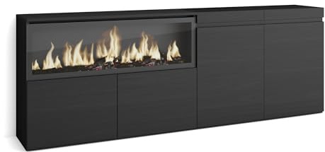 Skraut Home | Aparadores para salón | Gran Capacidad de almacenaje | 210 | 4 Puertas | Chimenea eléctrica XXL | Estilo Moderno | Negro
