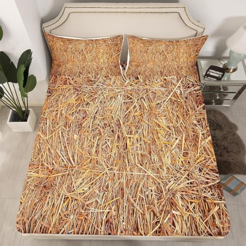 3D Spannbettlaken 90x200 Stroh Bettlaken Weiches Atmungsaktiv Spannbetttücher Stroh Mikrofaser Spannbetttuch Tiefe Tasche 30 cm Mit 2 Kissenbezügen 80x80 cm i5690