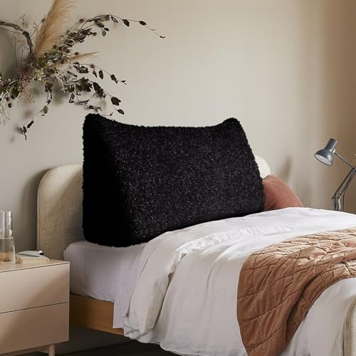 BNCKTRD Schafwollimitat Rückenkissen Lesekissen für Bett und Couch, Rückenlehne Kopfende, Dreieckiges Sofakissen Bücherkissen, Wandkissen für Bett Herbst Winter maschinenwaschbarem Schwarz 140cm