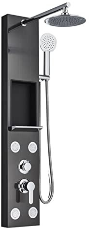 Black Shower Panel System with Rainfall Shower Faucet Set and Storage Rack SPA Jet Bath Shower Column with Double Handle Mixer Tap Tower.