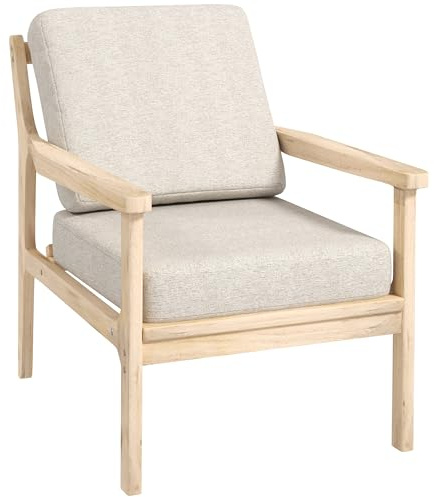 HOMCOM Sessel Loungesessel mit Leinenoptik, Armlehne, Gepolstert Relaxsessel mit Holzbeine, abnehmbare Kissen, Polsterstuhl für Schlafzimmer, Wohnzimmer, Beige