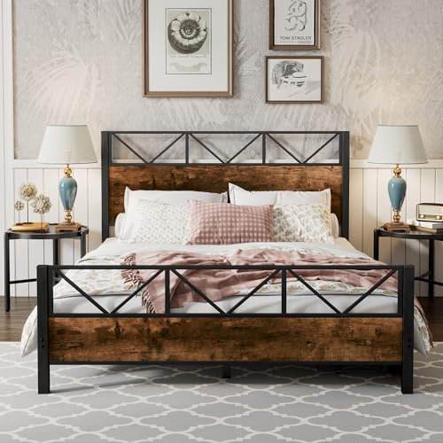 Idemon Metallbett, Vintage-Holzfarben, Zwei Schubladen mit Rollen, Heranwachsende und Erwachsene, Metallrahmen, Flachbetten, Metall+MDF, Schwarz + Walnuss, 140x200cm