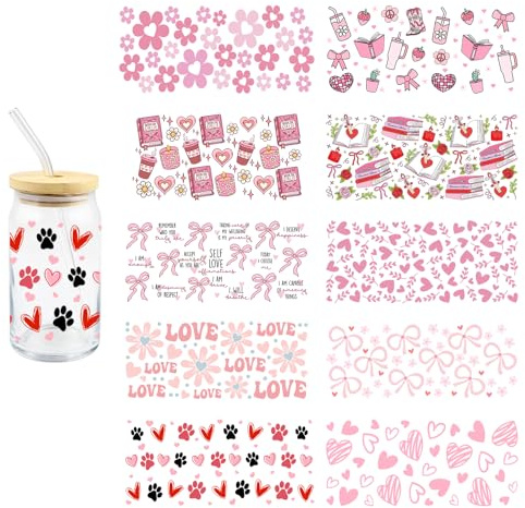 10pcs Sunflower Book Valentine's Day UV DTF Transfer Stickers for 16oz Glass Cups Self Love Bow Heart DTF Decals for Wood Furniture DIY Decoration Applique for Crafts Strawberry Cowboy