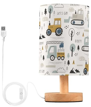 Mnsruu Bedside Table Lamp Childish Truck Construction Car Doodle Bedside Lamps LED Light Desk Lamp Fabric Shade Small Lamp for Bedroom Living Room (Bulb Included)