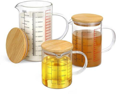 Votoko Juego de 3 Jarra de Vidrio Medidora, 350 ml+500 ml+1000 ml Cristal Borosilicatado Resistente al Calor con Escala+Tapa de Madera, Vaso Medidor Cocina para Líquidos, Azúcar y Hari