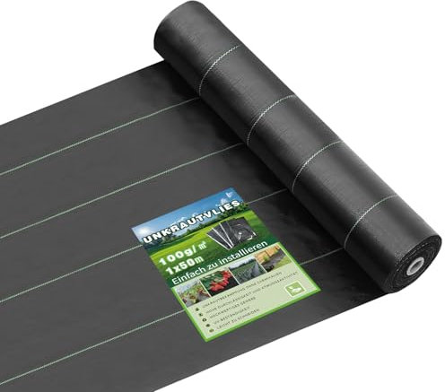 Hengsong Unkrautvlies 1x50m,Unkrautvlies 100g/m² für Pflanzenvlies,Gartenvlies,Sandkastenvlies,Garten Wasserdurchlässig,Vlies Garten,Wintervlies,Unkrautvlies 1m breit,Polyester,Schwarz