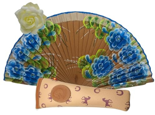 Planta Color Abanico de Madera con Flores Pintadas a Mano. Incluye una Funda para Proteger el Abanico. Pinza de Pelo con Diseño de Flor para Complementar tu estilo (Marrón 2)