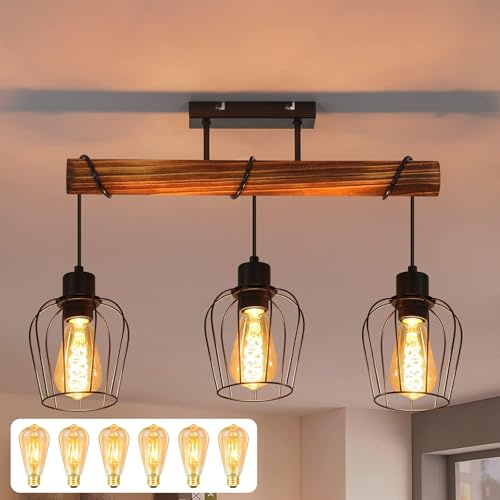 ZMH Retro Deckenleuchte Vintage Deckenlampe 3 flammige Holz Wohnzimmerlampe im Industrial Design mit höhenverstellbaren Strahlern aus Metall inkl. 6 × E27 2700K Leuchtmittel für Esszimmer