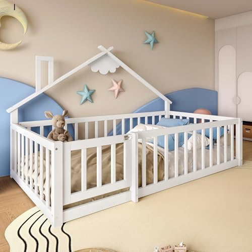 Huayz Cama de suelo de 90 x 190 cm con protección anticaída y puerta con cerradura, estructura de cama infantil, cama de madera de pino con somier, cama de madera, sin colchón