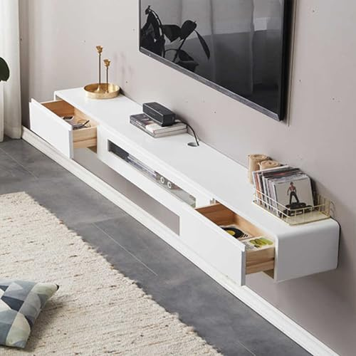 FPIGSHS TV Schrank schwebend Massivholz mit 2 Schubladen, TV Lowboard hängend mit Kabelmanagement ，TV-Medienkonsole für Wohnzimmer, Schlafzimmer (Weiß, 160cm)