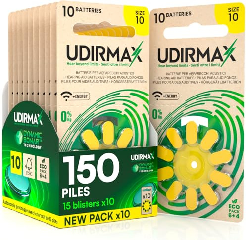 150 Batterien für Hörgeräte Größe 10 Udirmax PR70 Gelb Zink-Luft mit Dynamic Sonar Technologie Öko-Pack - 15 umweltfreundliche Blisterpackungen mit 10 Hörgerätebatterien