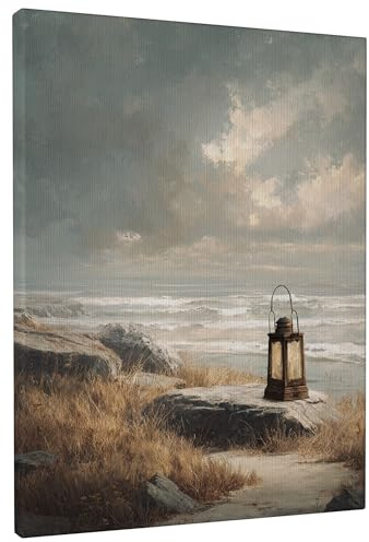 Lanterna costiera da parete, stampa su tela con paesaggio di spiaggia marrone e grigio, decorazione nautica per la casa per soggiorno, camera da letto, ufficio, decorazione estetica 30,5 x 40,6 cm