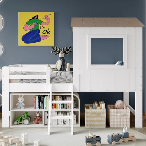 MURUL Kinderbett Halbhoch 90x200cm Mit Dach Fenster Vierseitigem Zaun Treppe Stauraum Weiß Natur